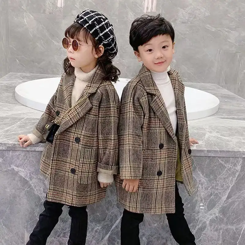 

Children's Woolen Coat Autumn And Winter 2025 New Style Boys and Girls Fashion Plaid Thick Woolen Coat 90-160cm