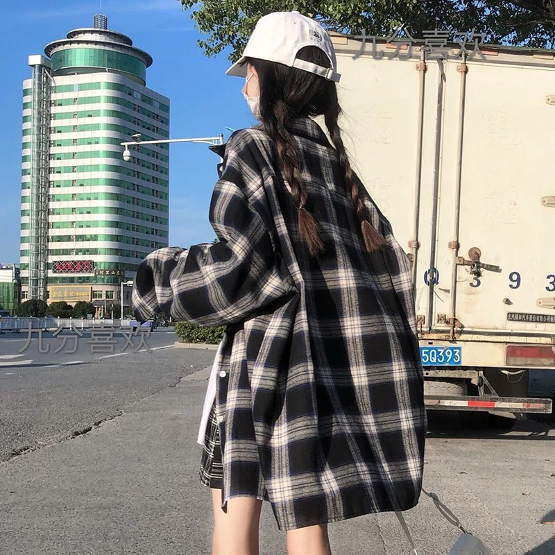 GIDYQ Women Korean Plaid Shirt Vintage Streetwear Female Loose Tops Casual Student All Match Long Sleeve Shirt Spring Summer New