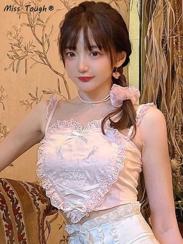 Japoński różowy Lolita słodki Halter topy 2022 koronkowe koreańskie Kawaii śliczne krótkie bluzki damskie nowa letnia plaża Casual Sexy Vintage