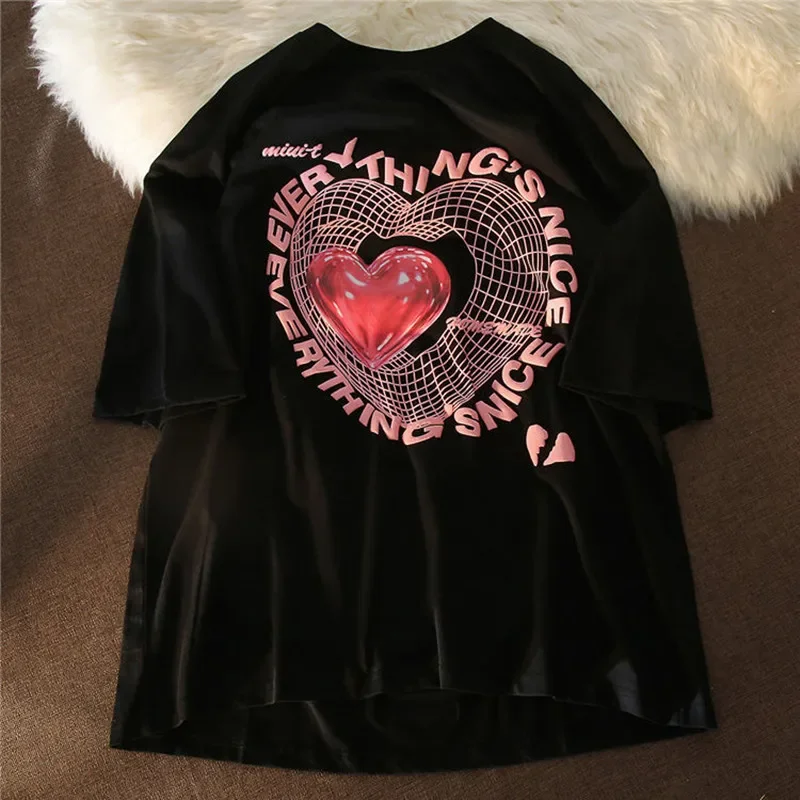 Camiseta com estampa de amor extragrande feminina, streetwear feminino, camisetas gráficas, manga curta, tops Harajuku casuais, fofos, Y2K