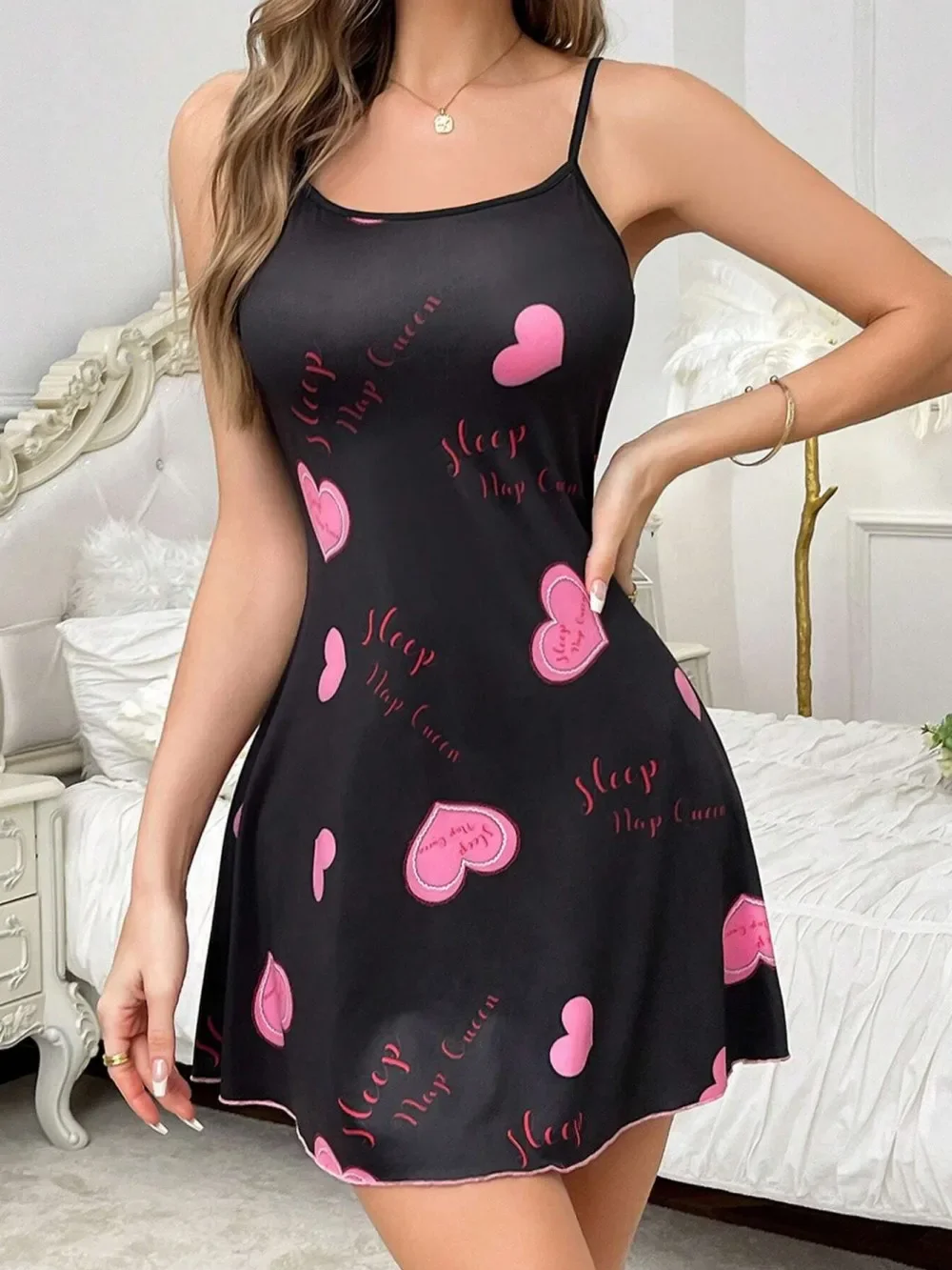 

Women Nightdress Valentine's Day Heart Love Printed Slip Black Straps Mini Sleep Dress Nighties Nightgown Sleepwear Loungewear