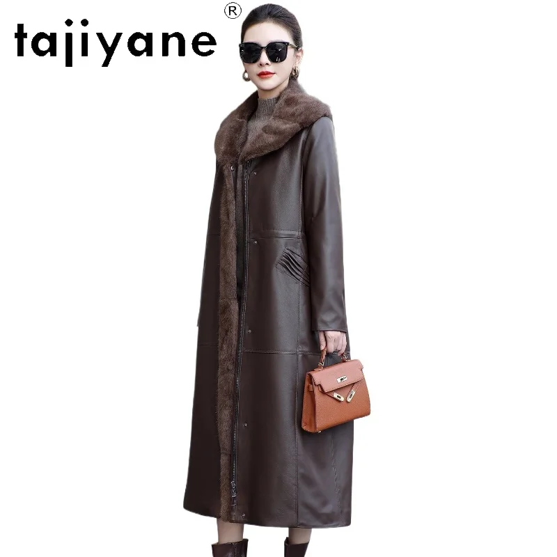 TAJIYANE طبقة علوية من جلد الغنم أوزة أسفل معاطف امرأة Muskrat الفراء طوق معطف الشتاء طويل سترة جلدية حقيقية ملابس حريمي 2025