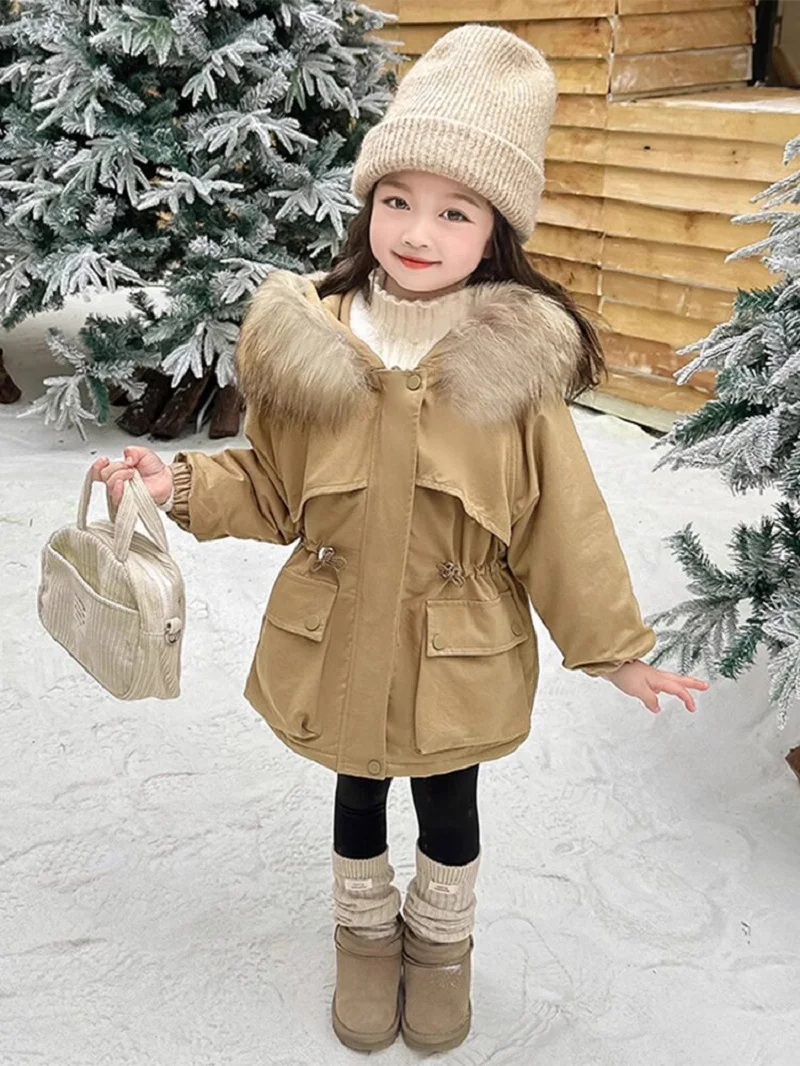 

Winter Warm Girls Fleece Lined Faux Fur Hooded Zip Jackets School Kid Thick Cotton Parka Coat Children Outfit Windbreaker 2-12Yr