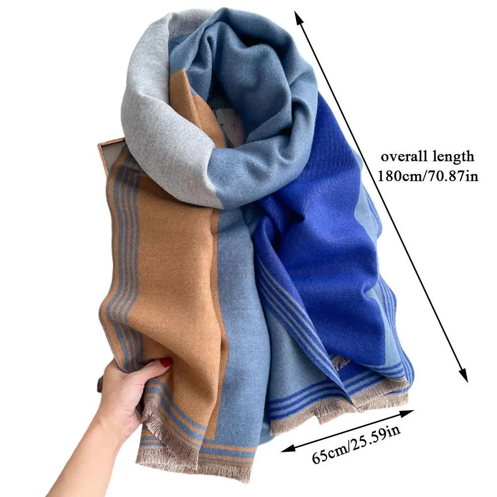 Selendang Warna-warni Motif Garis untuk Luar Ruangan, Selendang Selimut Musim Dingin untuk Wanita, Selendang Kasmir Hangat, Selendang Tebal Lembut, Hijab