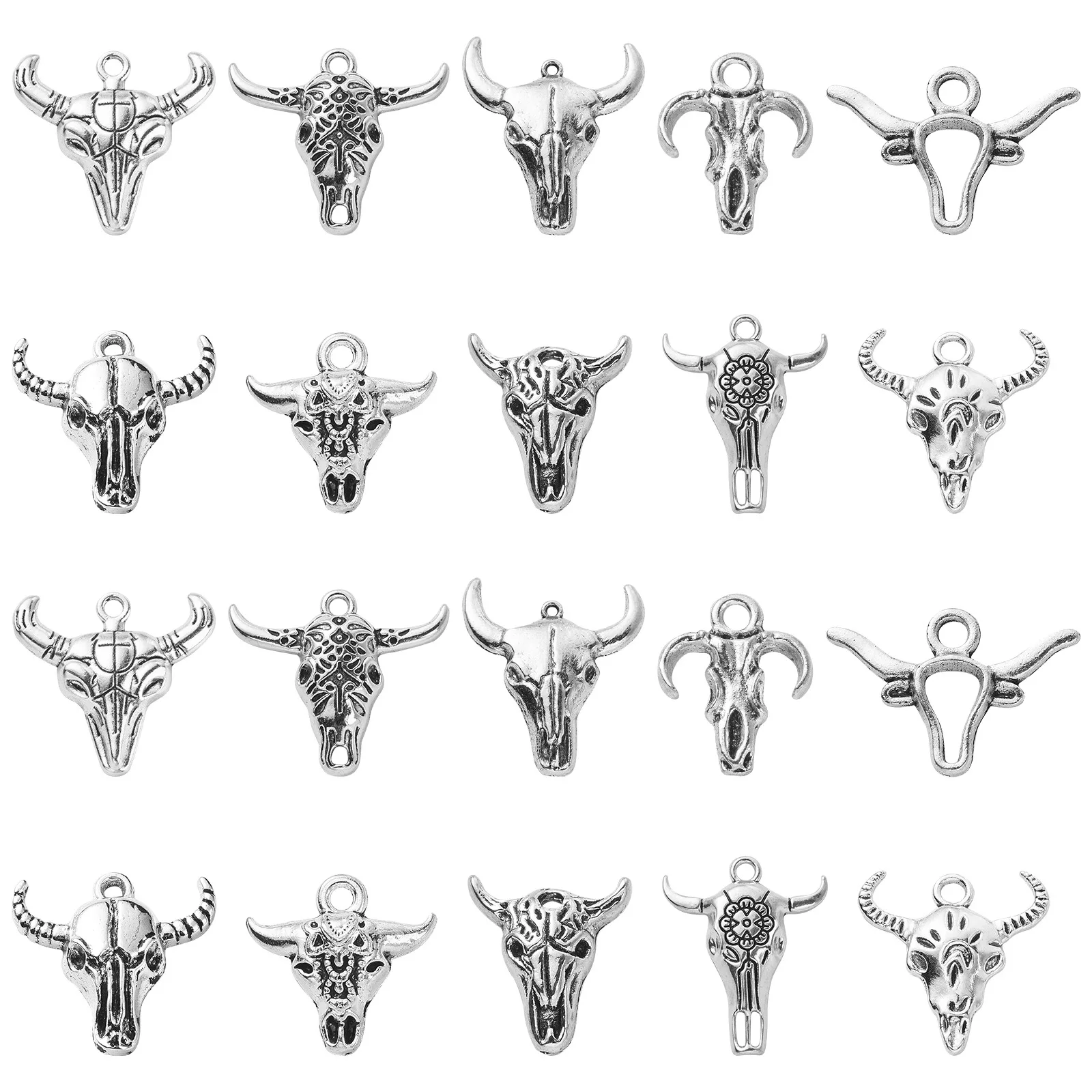 PandaHall 00 Stück 10 Stile Antik-Silber Kuh-Anhänger Western Rinderkopf-Charms für Schmuckherstellung – Detail 1