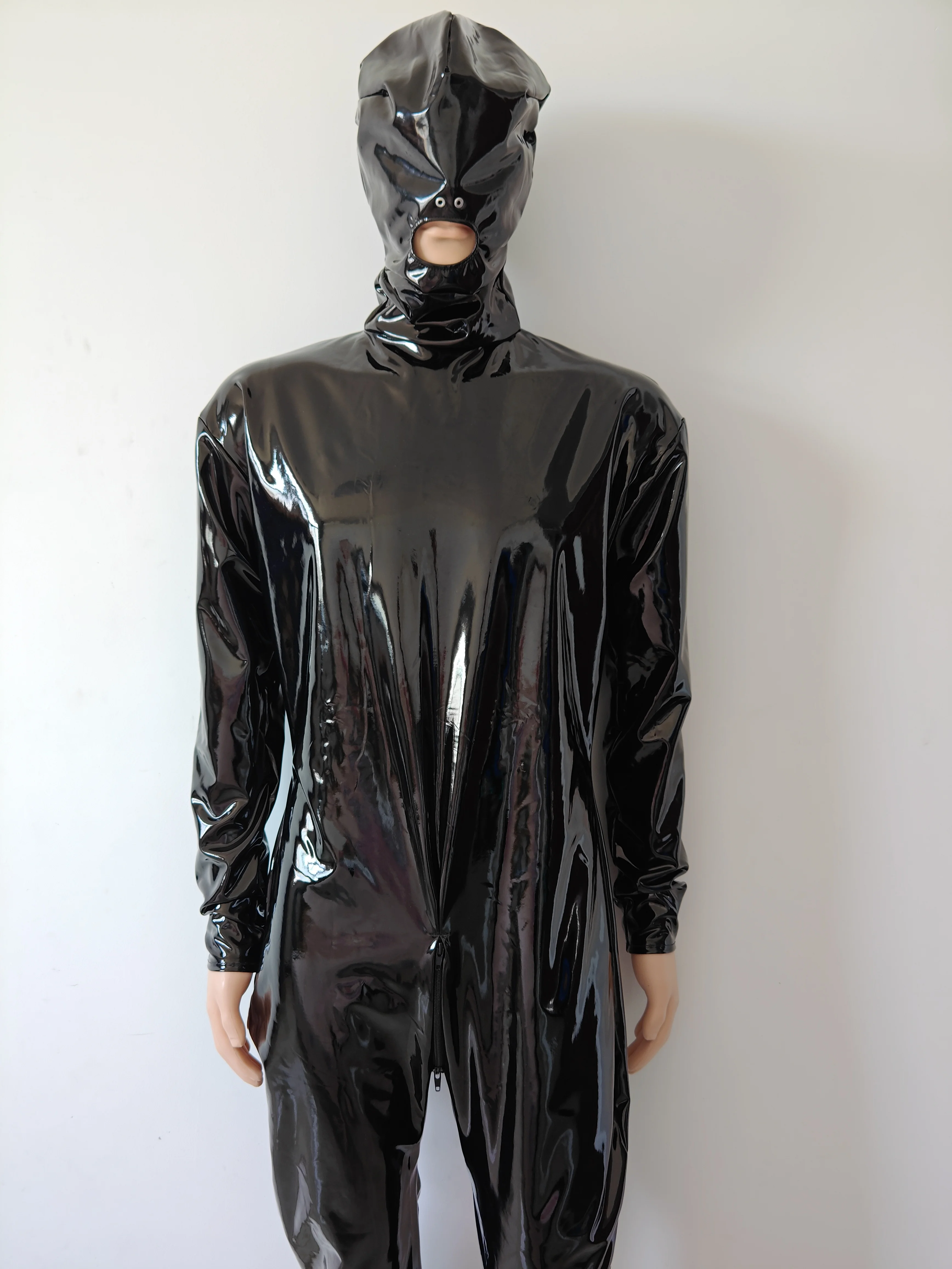 Black PVC Faux Leather jumpsuit with hood cosplay Costumes Catsuit Clubwear party bodysuit back 3-ways zipper to front crotch