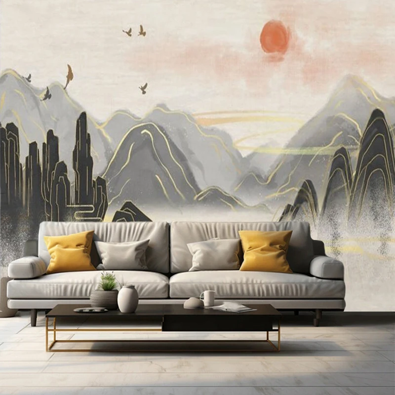 Elegant New Chinese-Style Light Luxury Has A Mountain Landscape With Gold Coating On The TV Living Room Cabinet And Background