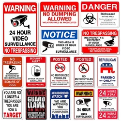 Metal Sign No Trespassing Tin Warning Sign 24 Hour Video Surveillance Property Poster Plate Yard Rigid Safety Sign