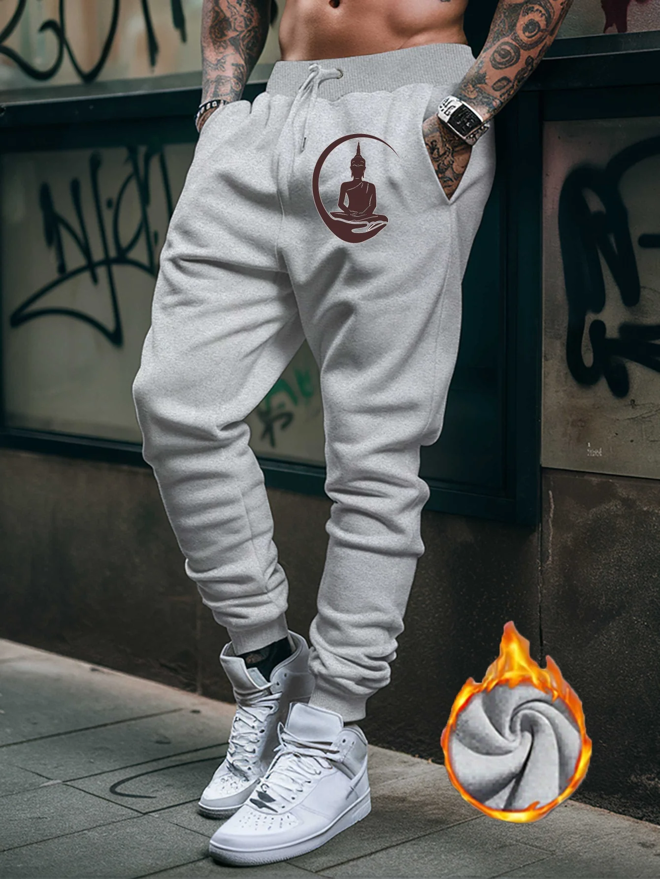 Calm‑styled meditative buddha silhouette art graphic print relaxed sweatpants men hip hop sports casual jogger pants modern cut