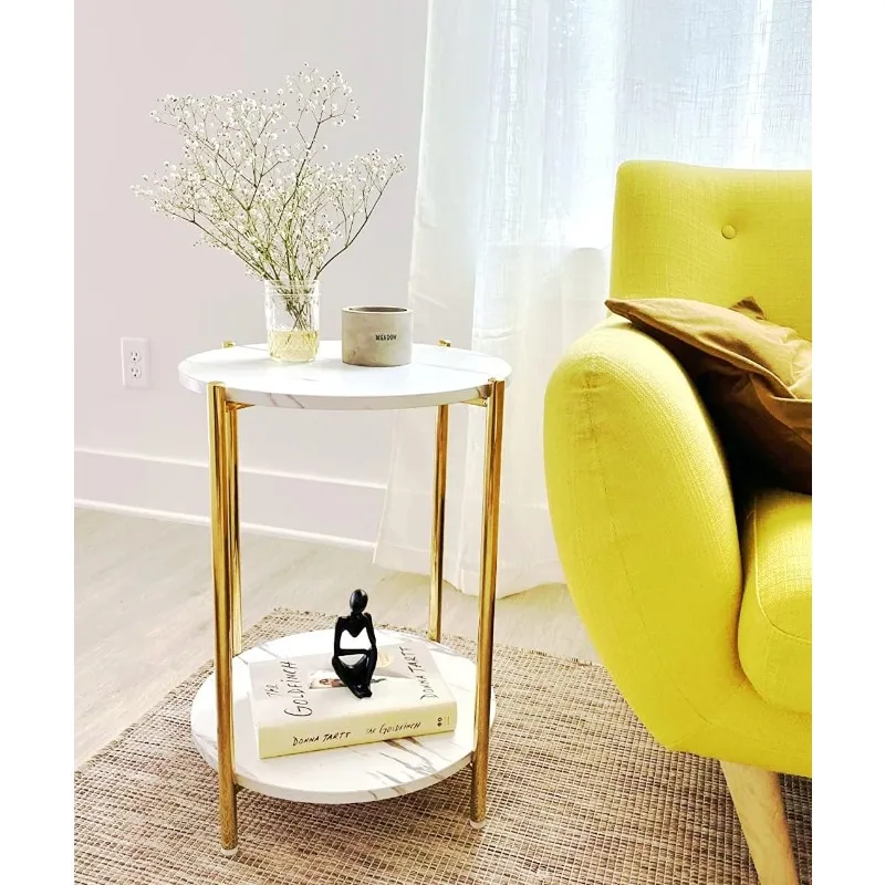 

Gold End Table Faux Marble Side Table Small Round Nightstand for Living Room or Bedroom Modern Accent Table with Gold Metal