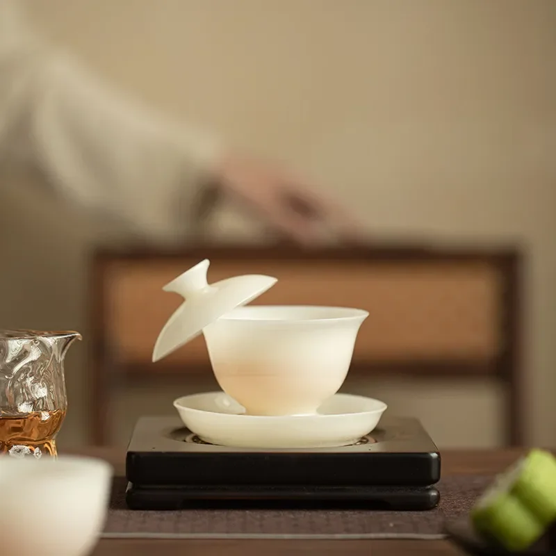 Dehua White Porcelain Gaiwan Tea Bowl Ceramic Kung Fu Teacup with Lid Traditional Chinese Jingcha Ware for Home Office Use