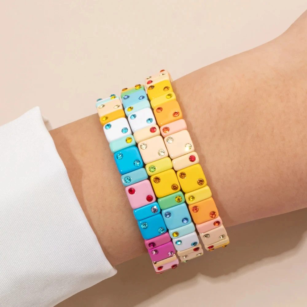 2023 New Trendy Enamel Colorful Beads Elastic Bracelet Set for Women Zirconia Bangle Women Jewelry Accessories Gift