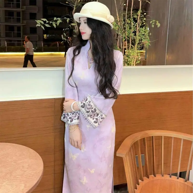 

Purple Print Slim Stand Collar Qipao Dress Butterfly Print Vintage Style Long Chesongam Women's Traditional Chinese Dress