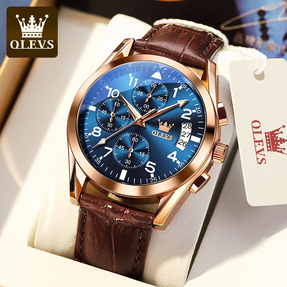 OLEVS 2878 Pilot Leather Strap Quartz Watch for Men Multifuncational Chronograph Waterproof Luminous Luxury Men's Wristwatches