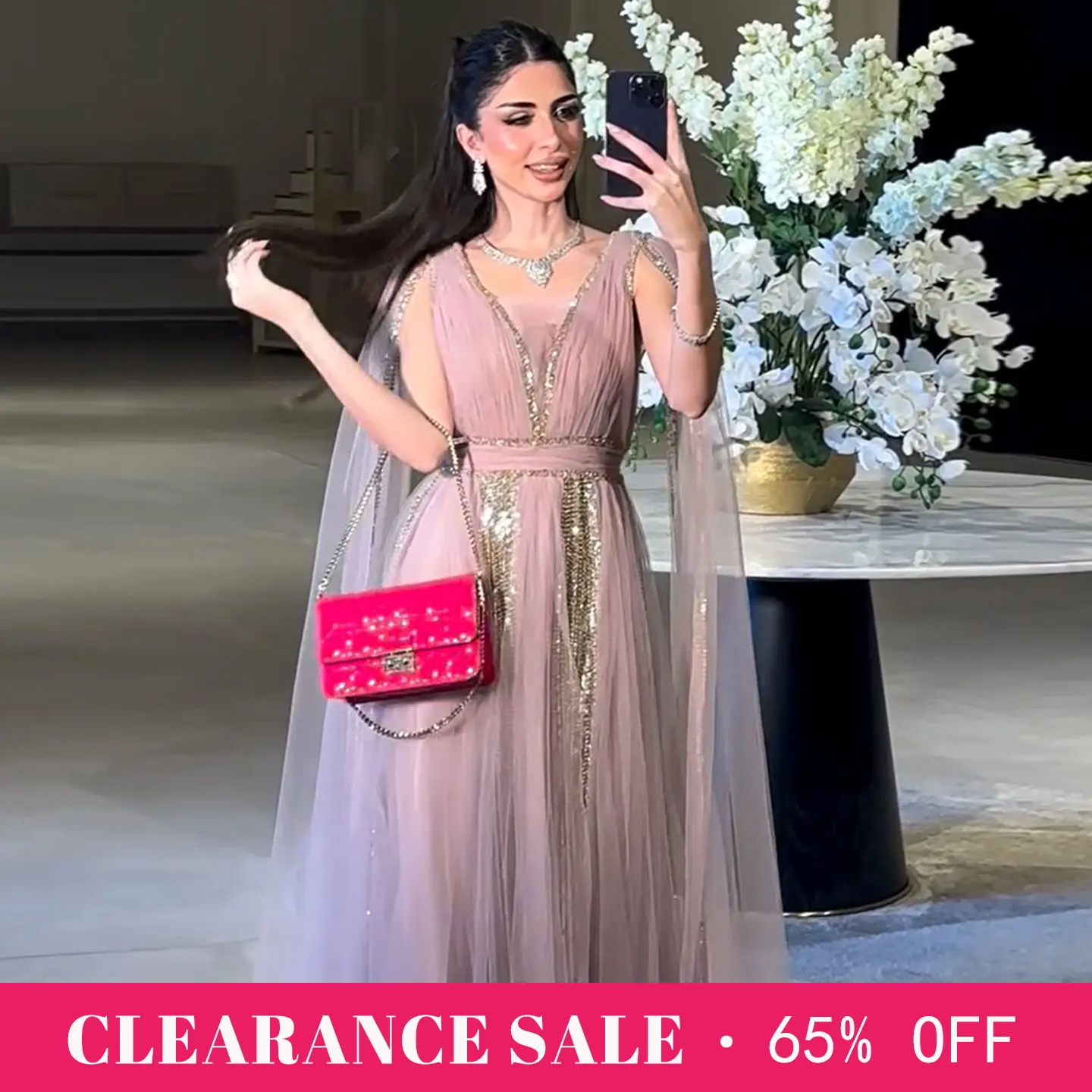 Sharon Sharon Said Super Big Discounts on Clearance Luxury Pink V-Neck Evening Dress Cape Sleeves Women Party Formal Gowns SS010 - Aliexpress Deal
