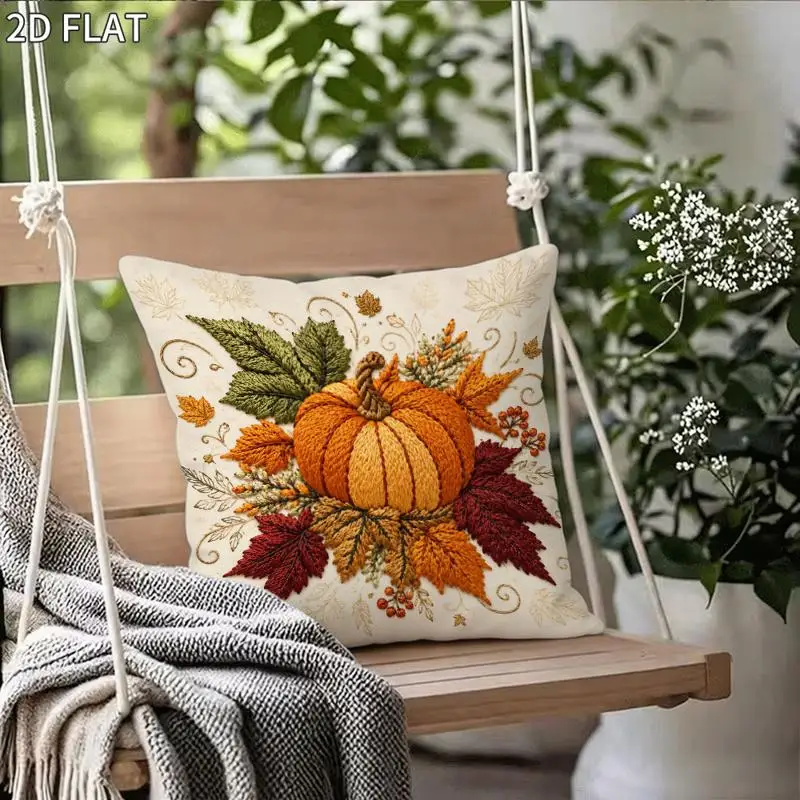 2/1 Piece Set 2D Flat Autumn Pumpkin Maple Leaf Pillow Cover, Modern Farmhouse Style Zippered Cushion Cover, Suitable for Sofa, Bed, and Chair Decoration, Autumn Maple Leaf and Pumpkin Pattern, Includes Only the Pillow