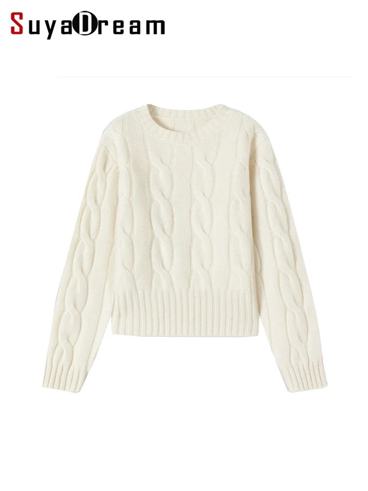 SuyaDream, 2026 Ladies Heavyweight Thick Wool Cable Knit Jumper, Raised Textured Cable Pattern Crew Neck Cropped Knit Top