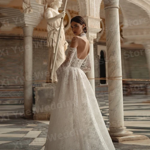 Imagen 2 del producto Vestidos De novia brillantes De línea A para mujer, Vestido De novia De manga larga con Apliques De encaje, vestidos De novia personalizados con hombros descubiertos