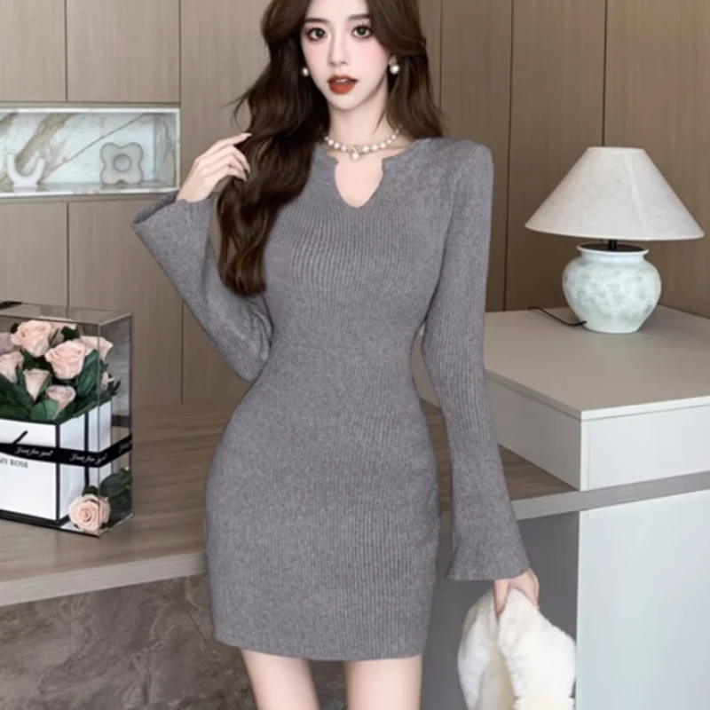 Gray Hip Wrap Mini Dress Women Korean Fashion Slim Long Sleeve Knitted Dress Autumn Winter Casual All Match Vintage Vestidos