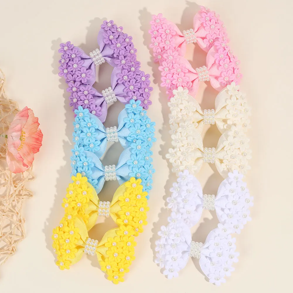 2PCS Sweet Floral Bow Hairpins Ribbon Flower Hairclips For Little Girls Sweet Pearl Barrette New Headwear Kids Hair Accessories