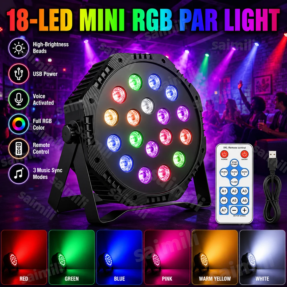 5V USB 18-LED RGB Par Light Stage Effect Lamp DMX512 Sound-Activated 7 Modes Versatile Uplighting for Pubs DJ Sets Disco Parties
