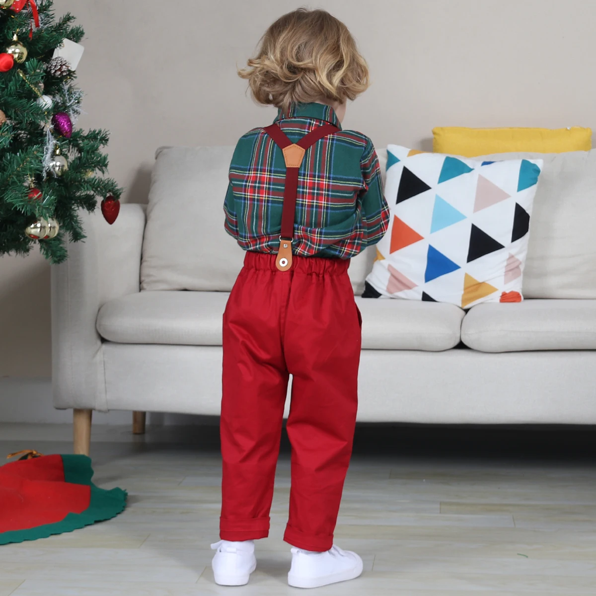 Christmas Outfit Baby Boy Clothes Infant New Year Party Gift Toddler Suspender Formal Suit Set Newborn Xmas Red Green Plaid 2PCS