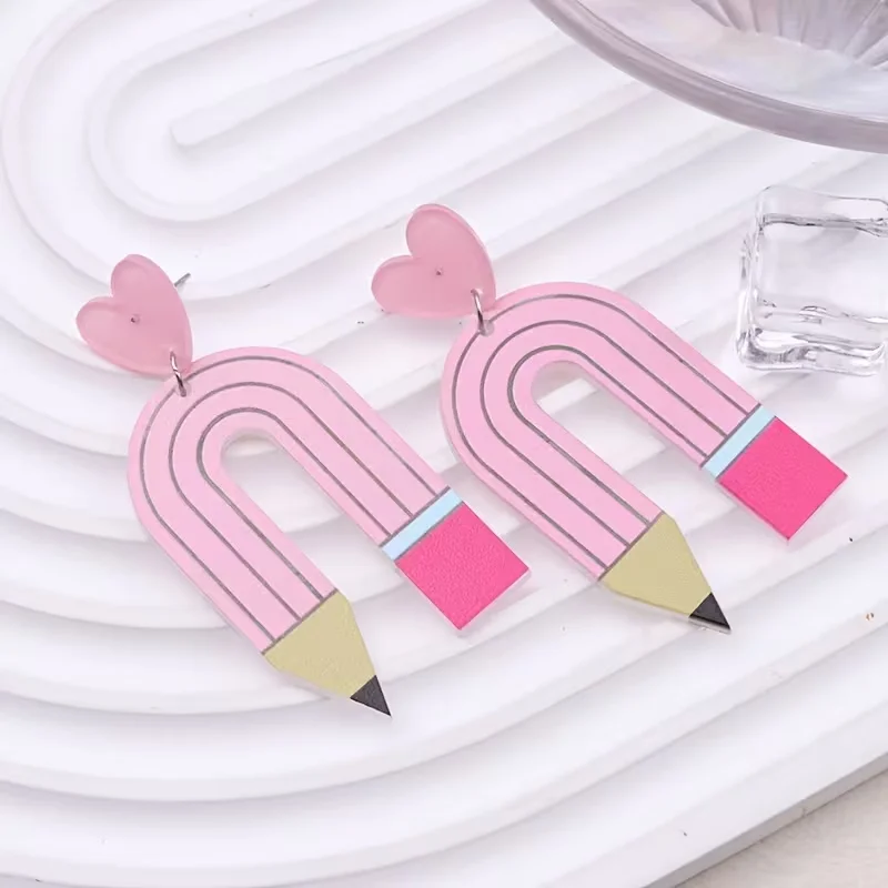 1 Pair Cute Pencil Earrings - Pastel Pink Heart Pencil Top, Lightweight Acrylic Teacher Student Book Lover, Graduation Gifts