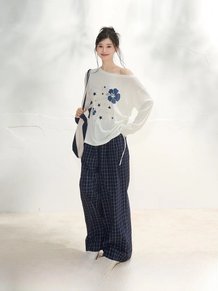 

ELEVEN SP Summer Blue Plaid Casual Loose Wide Leg Pants Women's Thin Straight Leg Trousers Comfortable High Waist Knitted