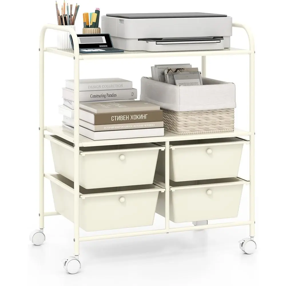 4-Tier Metal Utility Cart with Wheels, Ivory, Ideal for Home, Office, School, and Beauty Storage