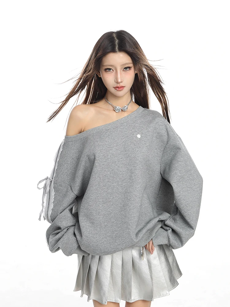 Chic Design Diagonal Shoulder Sweatshirt For Women Autumn Winter Loose Pullover Hoodies Long Sleeved Off Shoulder Top