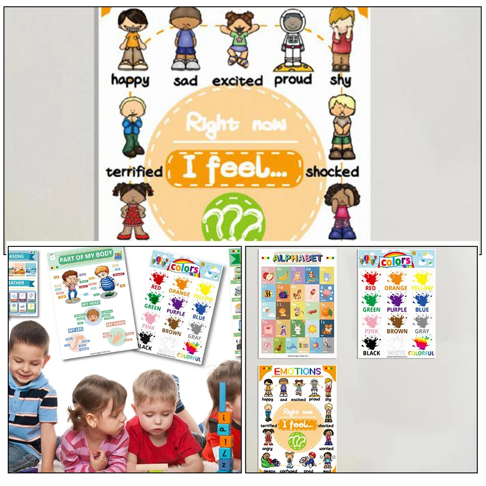 12 Sheets English Learning Posters Cognitive Shapes Educational Tools Kids Accessories Bright Colors Cartoon Patterns