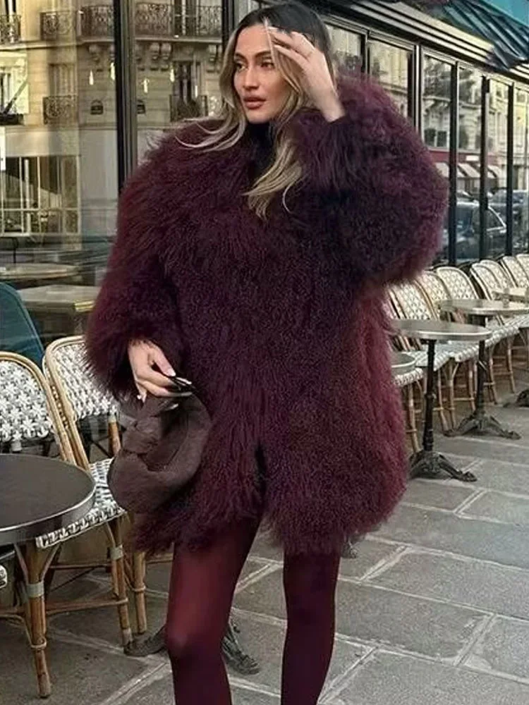 HH Giacche da donna in pelliccia sintetica maniche lunghe larghe colletto rovesciato caldo cappotto lungo invernale femminile vino rosso capispalla casual vintage