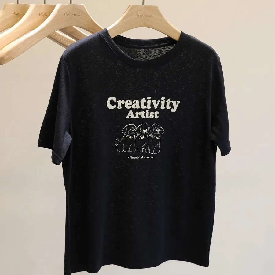 대형 사이즈 300 푸 한국 슬레 만화 프린트 여성용 여름 신상 편안하고 통기성 좋은 노화 방지 탑