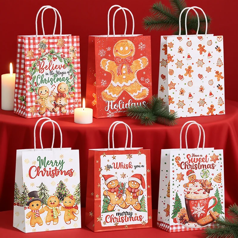 

6pcs Merry Christmas Kraft Paper Gift Tote Bags Kids New Year Gifts Packaging Handbag Candy Snack Storage Pouch Party Supplies