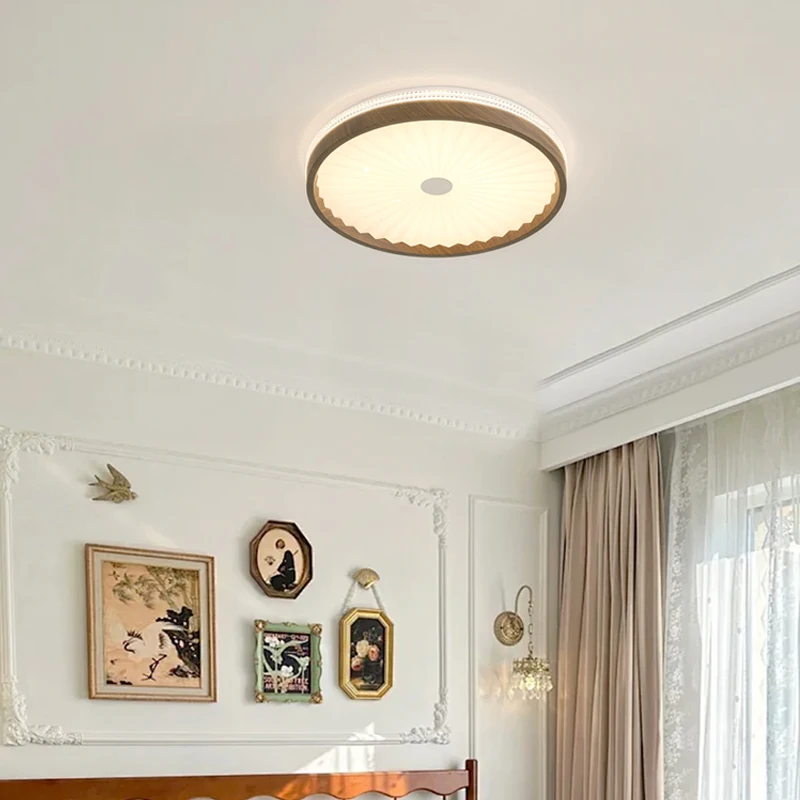 Bedroom Ceiling Lamp LED Eye Protection Round Pleated Dining Room Lamp Medieval Wabi-sabi Style Walnut Color Tea Room Study Lamp