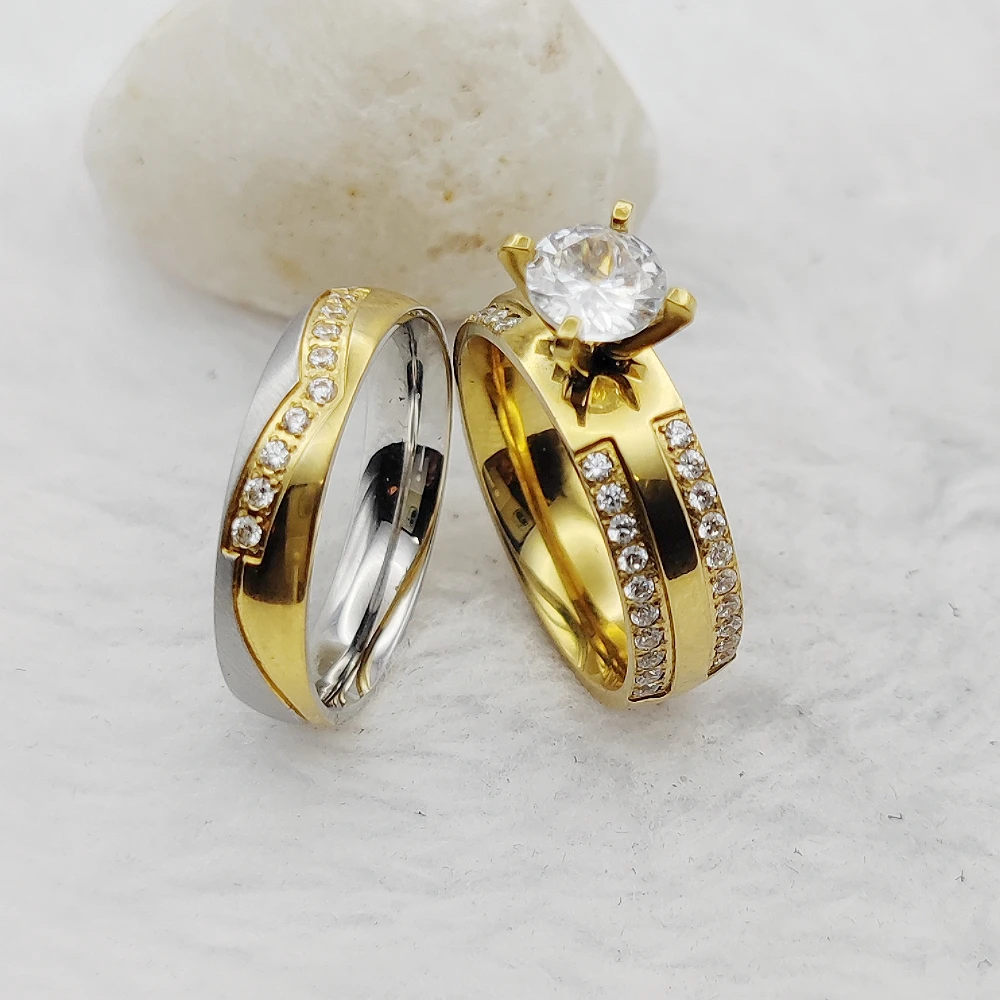 Big Stone Jewelry Bridal Set Manufacturers Wedding Engagement Ring Woman Ladies Marriage 24k Gold Plated Titanium Ring