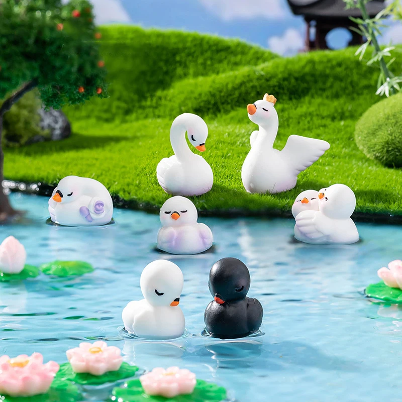 Creative Miniatures Figurines Lovely Cartoon Black White Swan Landscape Ornaments DIY Home Decorations Accessories Gifts