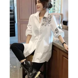 Stylish Button Spliced Embroidery Asymmetrical Shirt Women's Clothing 2022 Autumn New Oversized Casual Tops Office Lady Blouse