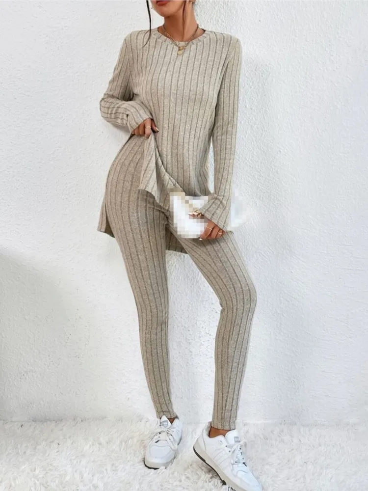 Women\'s Fashion Autumn New Style Long Sleeve Split Irregular Round Neck Shirt Elastic High Waist Small Foot Pants Casual Set