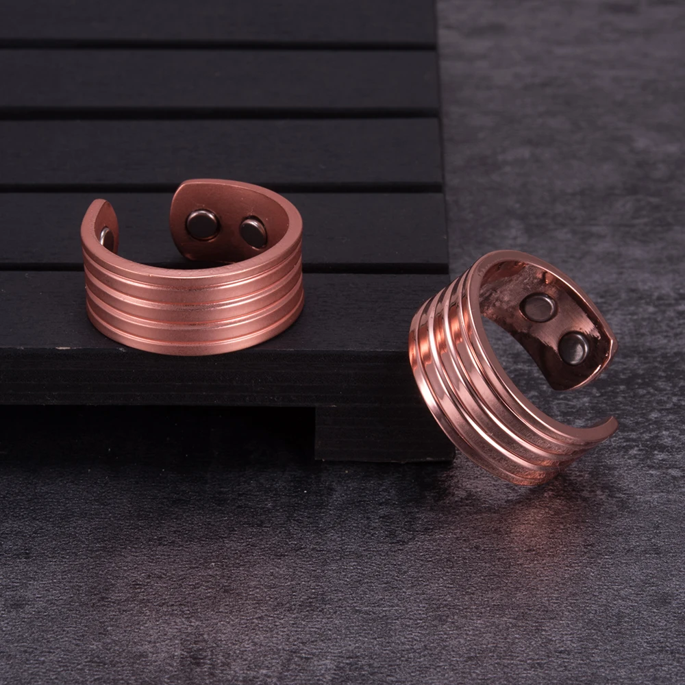 Fashion Pure Copper Men Finger Ring Stripe Wedding Bands Magnetic Arthritis Pain Relief Adjustable Cuff Copper Ring