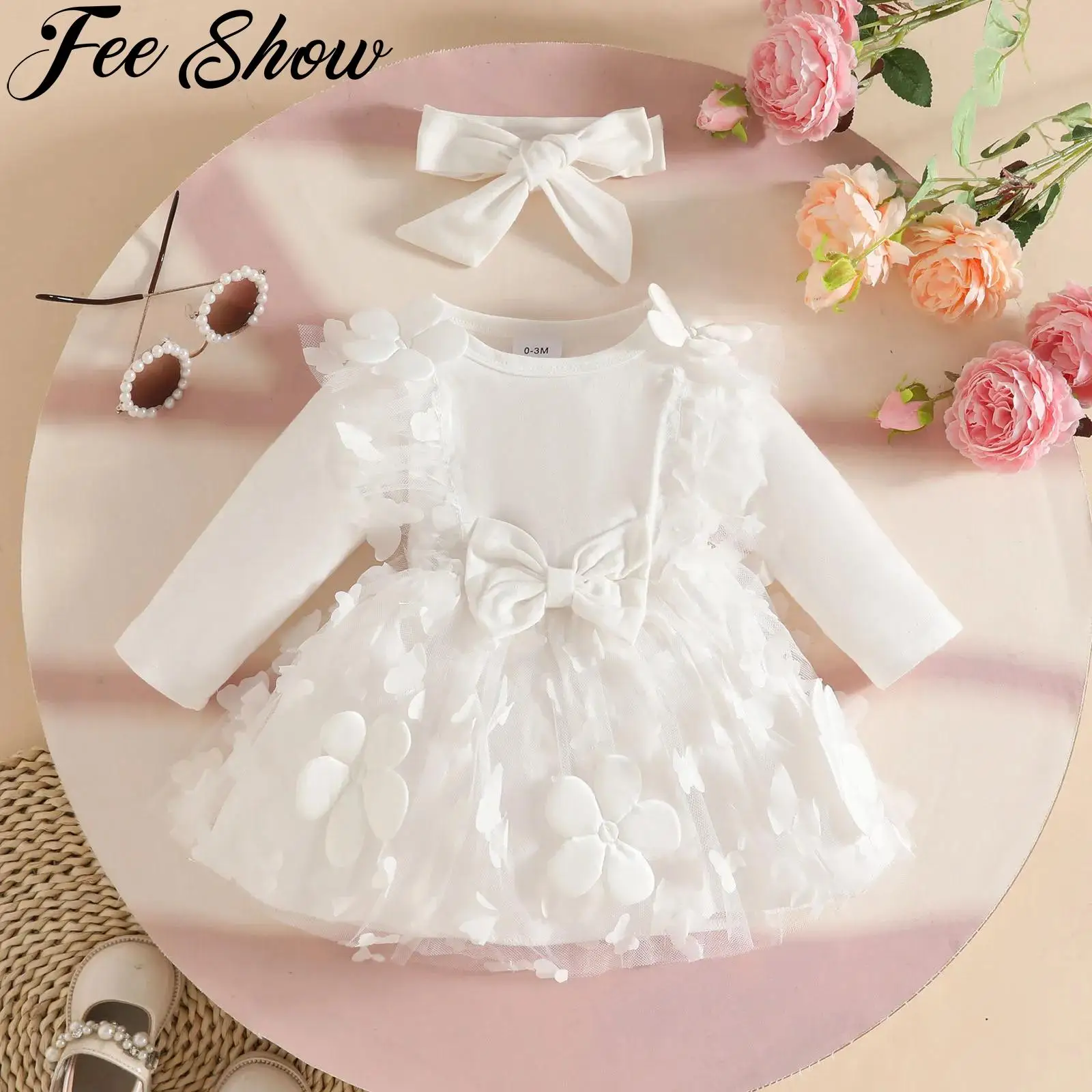 Baby Flower Girls Clothes Spring Fall Long Sleeves Floral Bow Tulle Tutu Princess Dress with Headband for Wedding Birthday Party