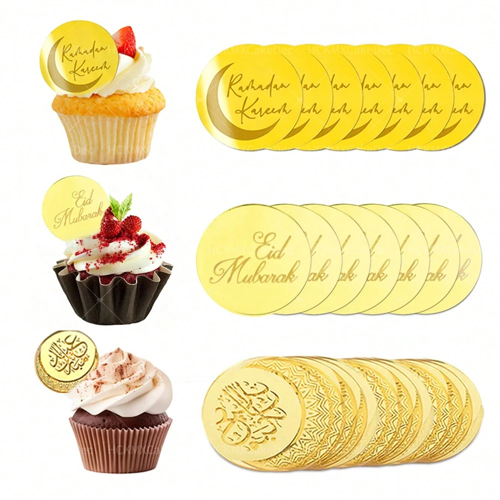 10 Stück Gold Runde Acryl Ramadan Kareem Kuchen Topper für Eid Mubarak Urlaub Party Cupcake Dekorationen Lieferungen