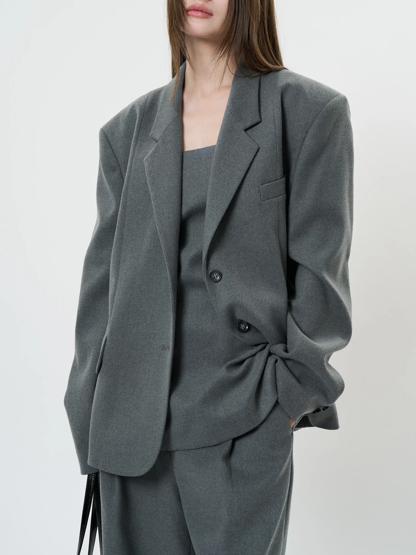 Spring women's casual solid color single breasted pocket decoration loose jacket