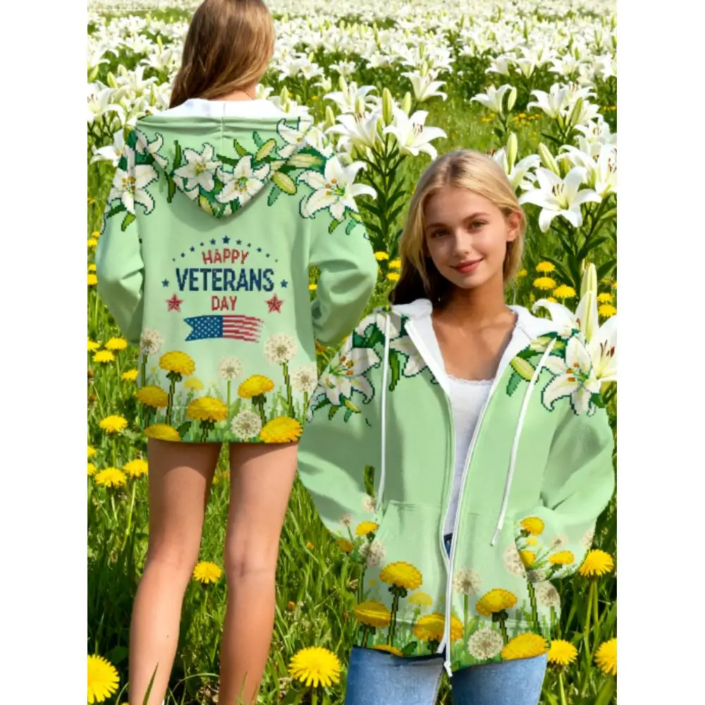 

Women's 3D Printed Full-Print Hoodie, Happy Veterans Day Lily & Dandelion Floral Pattern, Stylish Zip-Up Sweatshirt with America