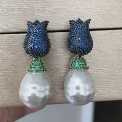 Bilincolor Fashion White Synthetic Pearl Royal Blue CZ Rose Flower Earring for Women