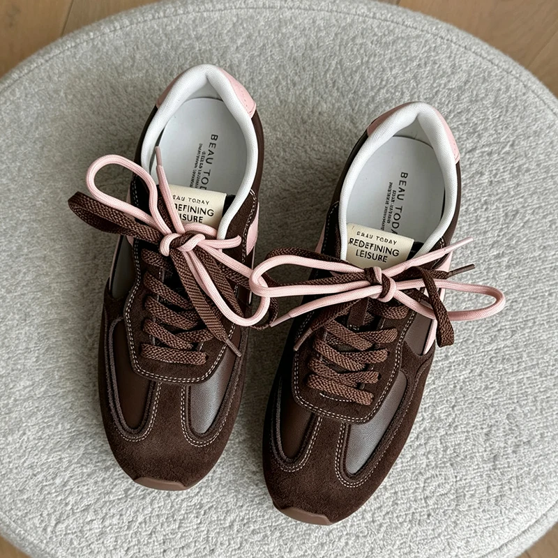 BEAUTODAY Casual Trainers Women Cow Suede Leather Round Toe Multiple Shoelaces Sneakers Lace-up Ladies Shoes Handmade 29959