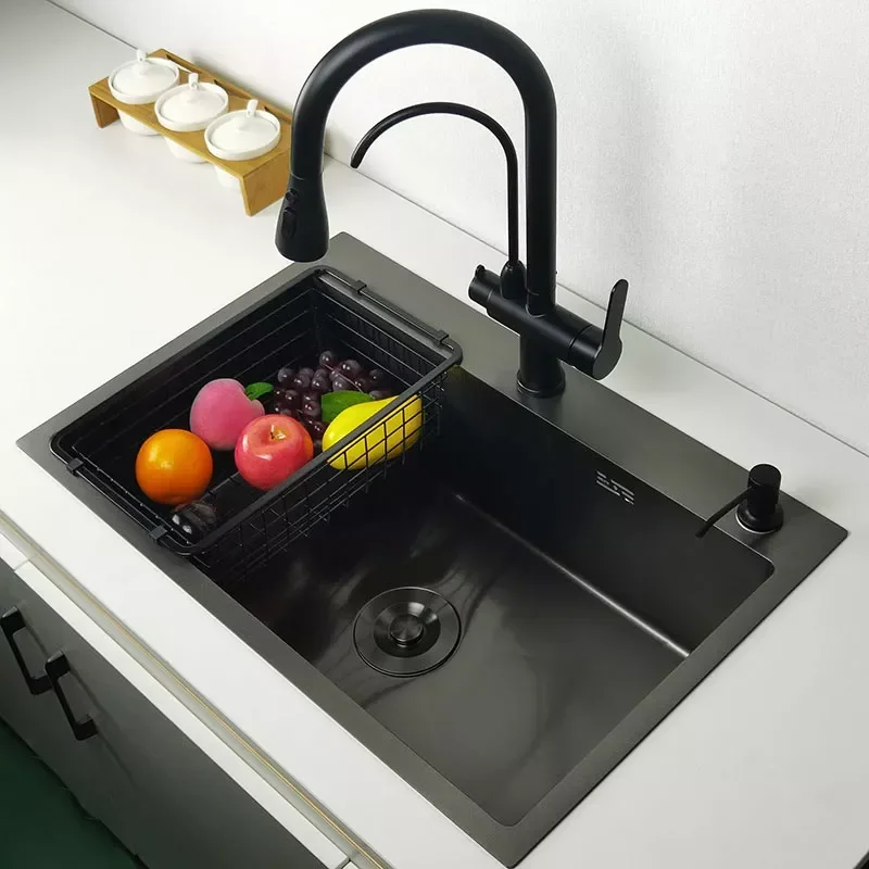 

New Matte Black Kitchen Sink Above Counter or Udermount Vegetable Washing Basin Sinks Dark Grey Stainless Steel Seamless Welding