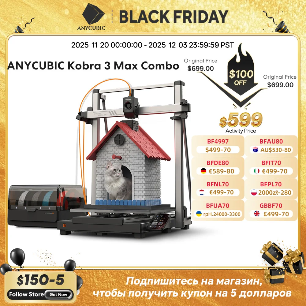 

ANYCUBIC Kobra 3 Max Multi-Color 3D Printer Max 600mm/s Print Speed Large Build Size 500*420*420mm Smart APP Control