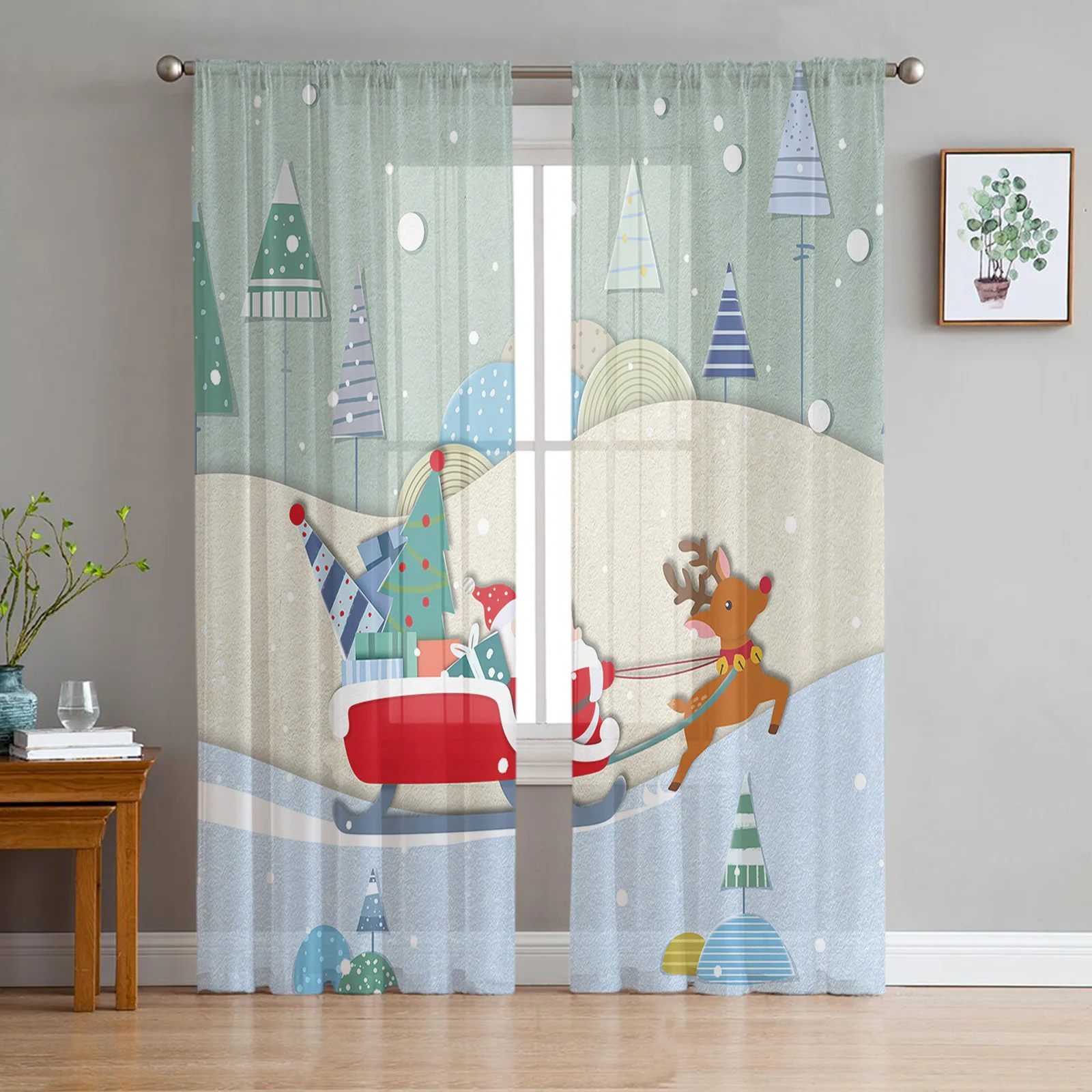 Santa Elk Snow Merry Christmas Sleigh Tree Tulle Curtains Living Room Bedroom Window Sheer Curtains Balcony Voile Curtains