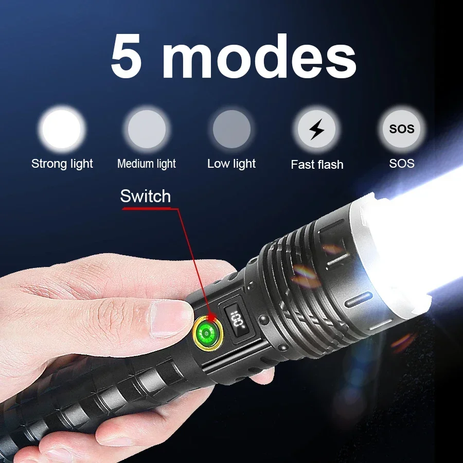 High Power Spotlight Long Range LED Flashlight Long Shot Torch Rechargeable Outdoor Tactical Hand Lamp Camping Lantern